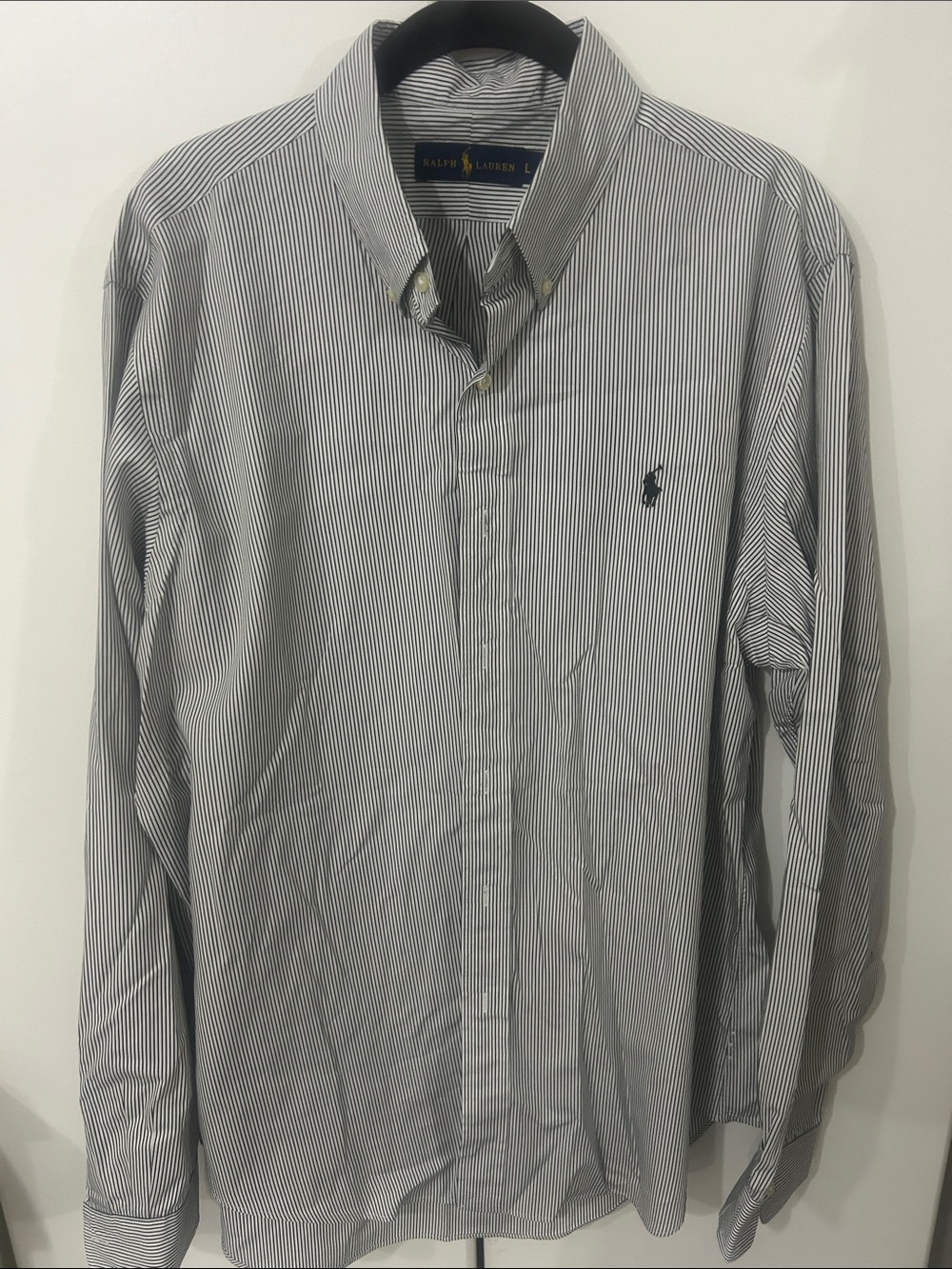 Ralph Lauren Men's White and Navy Thin-Striped Button-Down Shirt large